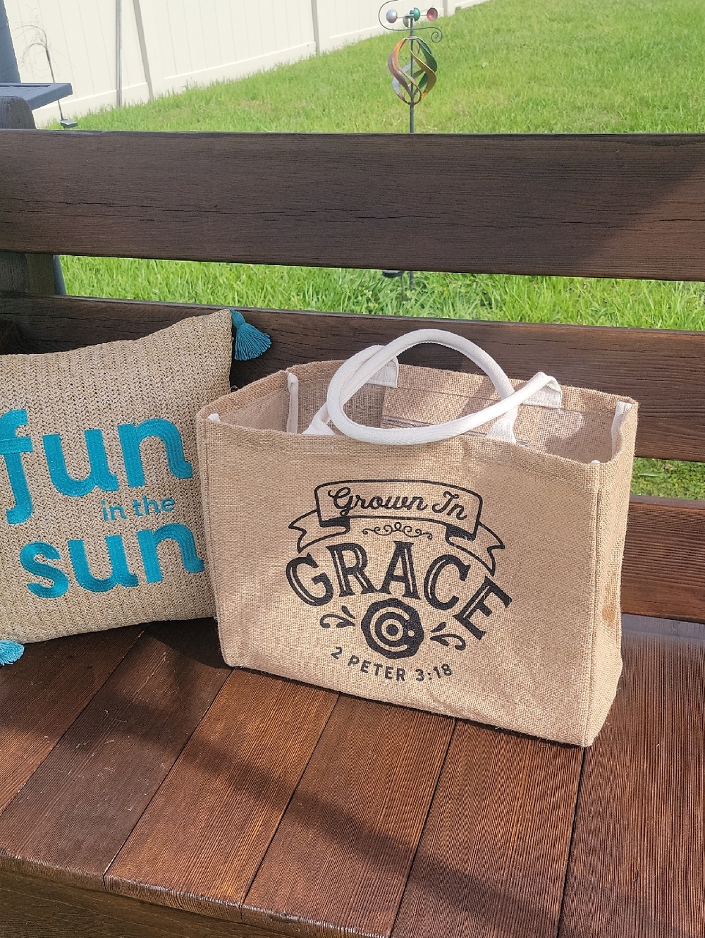 Grown in Grace Jute Tote Bag with White Handles